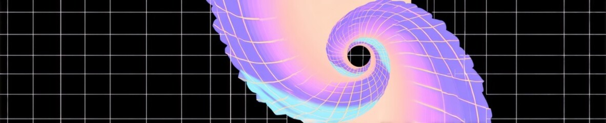 A vibrant, abstract spiral in pastel colors, set against a dark grid. The form is 3D with a central dark void