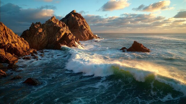 Seaside view of rocky cliffs with crashing waves during sunset on a calm evening in a coastal area