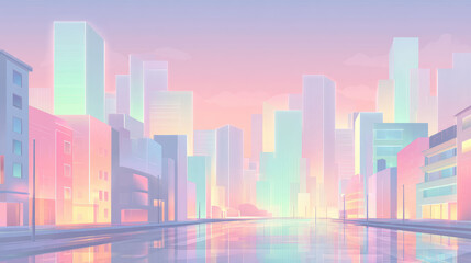 Naklejka premium A vast pastel city skyline at twilight with minimalist skyscrapers and glowing neon accents. 