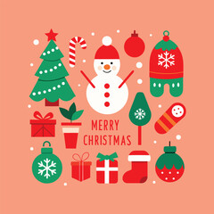 Merry Christmas vector illustration set of flat holiday icons, including snowman, tree, ornaments, gifts, and candy cane on a pink background.