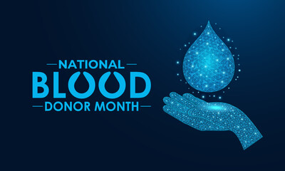 National Blood Donor Awareness Month vector design featuring red blood drop symbols and awareness ribbon for January health campaign. Banner poster design. Designed in a low poly style.