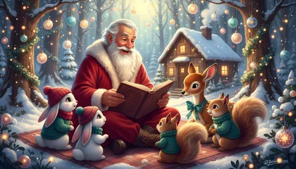 Fototapete Waldtiere Santa reads a bedtime story to woodland animals in a snowy forest during Christmas time Generative AI  © Вячеслав Краснов