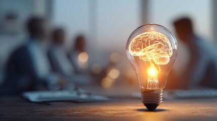 Creativity brainstorming concept with a glowing light bulb with a brain inside with workers blurred in background working for new ideas. High quality
