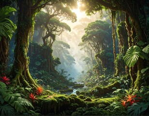 Lush tropical jungle scene with sunlight filtering through the canopy,creating a serene and peaceful atmosphere