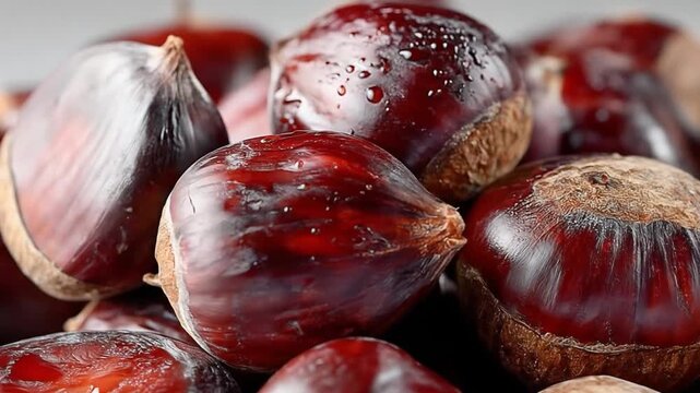 Close up view of multiple glossy brown chestnuts