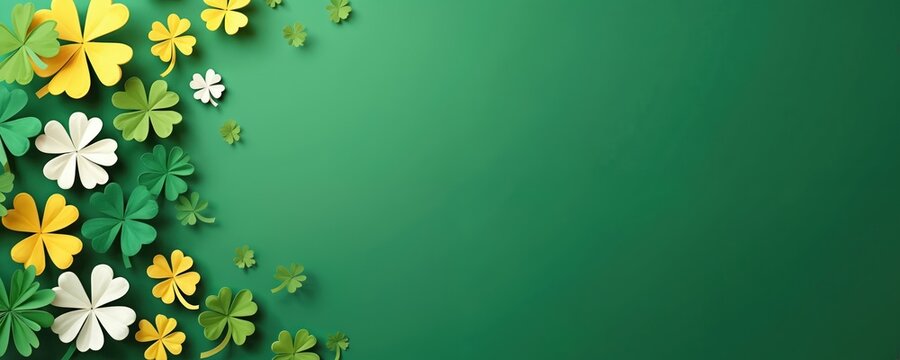 Paper cutouts of green yellow and white clovers adorn a plain green surface. This festive background suits St Patricks Day themes with ample space for custom text or logos.