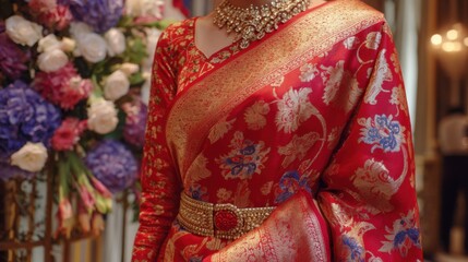 Bright red saree adorned with intricate patterns captured at a floral decor event in a luxurious setting during the evening