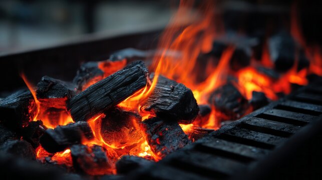 Charcoal bbq grill with bright flames and glowing hot coals creating intense heat for outdoor cooking, rustic fire grilling scene with burning wood and heat waves in a summer backyard barbecue setup