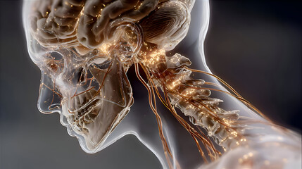 Human Head Anatomy with Visible Brain and Nerves, Illuminated Medical Illustration