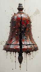 A dramatic abstract artwork of a cracked red bell dripping with expressive paint splashes.
