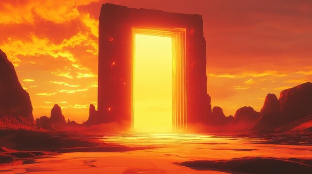 Alien world with glowing golden portal opening