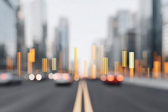 Golden bar chart over city traffic at sunset, symbolizing business growth, finance success, and urban data analytics concept. - Powered by Adobe