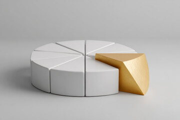 Abstract 3D donut chart with single golden segment raised from the structure. Concept of leadership, success, financial growth, and business innovation.