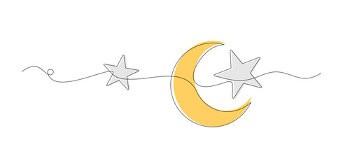 Minimalist Continuous Line Art of Moon and Stars