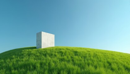 Minimalist white cube stands on a rolling green hill under a clear blue sky. The simple structure and natural landscape create a serene and abstract background.