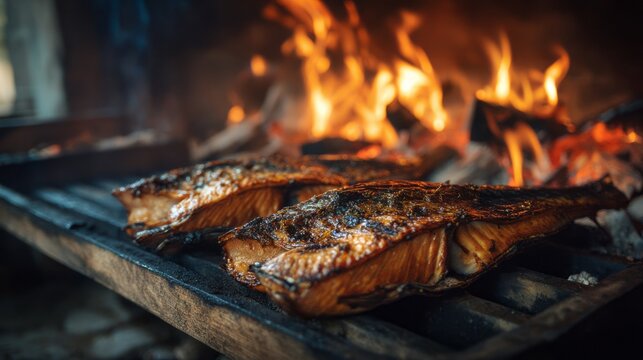 Charred smoked fish grilled over open fire with glowing embers, roasted to perfection for rustic culinary and seafood dining presentation