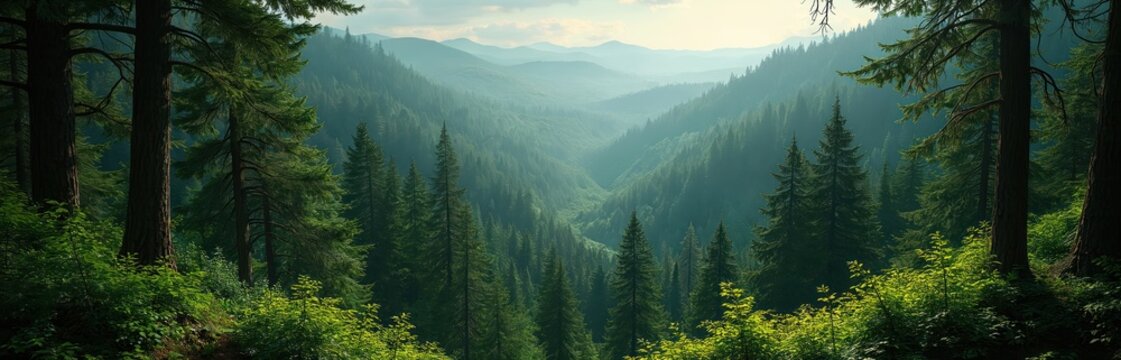 Vast green forest panorama with tall pine trees fills frame. Dense wood covers mountain slopes in layers. Hazy distant peaks appear under soft morning sunlight. Rich foliage creates inviting wild - Powered by Adobe