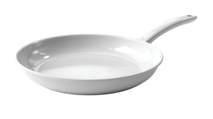 White nonstick frying pan with white handle isolated on transparent background