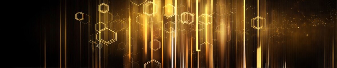 A golden, abstract background with light streaks and hexagonal shapes creating depth and movement