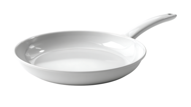 White nonstick frying pan with white handle isolated on transparent background