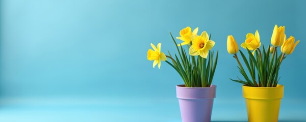 Two pots with blooming yellow daffodils and tulips stand on a pastel blue background. Fresh spring flowers symbolize new beginnings and cheerful holidays. Ready for design or celebration.