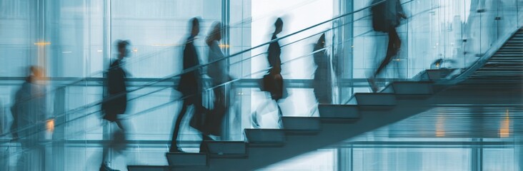 Abstract blurred motion of business people walking on a glass staircase in a modern office building, concept for human resources or a digital work environment. High quality