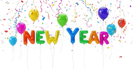 Happy new year text made of colorful balloons and confetti, isolated on transparent background