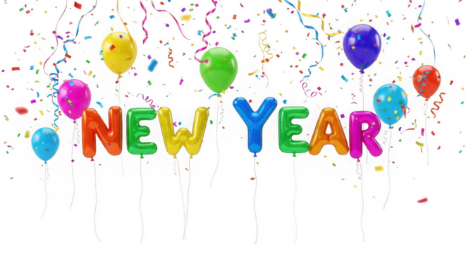 Happy new year text made of colorful balloons and confetti, isolated on transparent background