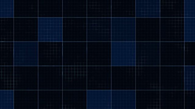 Pulsating grid and squares animation background,a dark blue digital network and abstract data transmission visualization, futuristic blueprint background