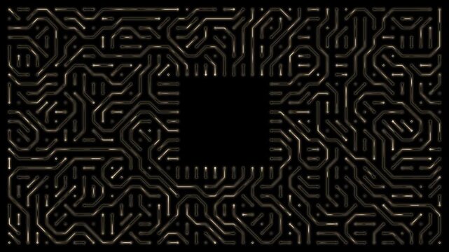 Golden electronic circuit board with energy or electricity visibly flowing through complex pathways surrounding a central negative space