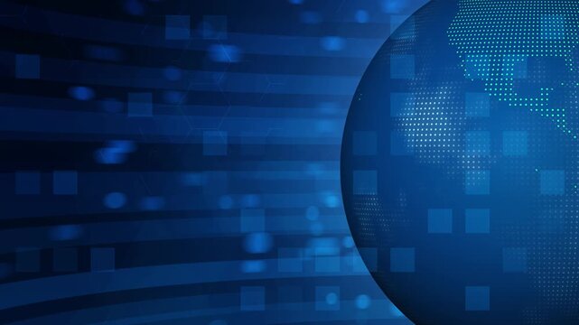 Abstract digital news background featuring a loopable blue earth globe on the right side with dotted continents and dynamic horizontal motion blur light streaks