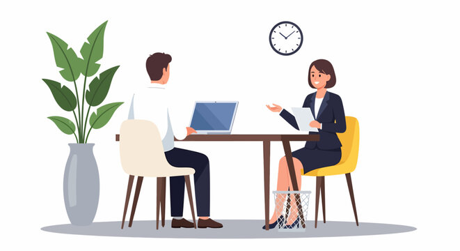 Job interview illustration: A woman interviews a man at a desk with a laptop.