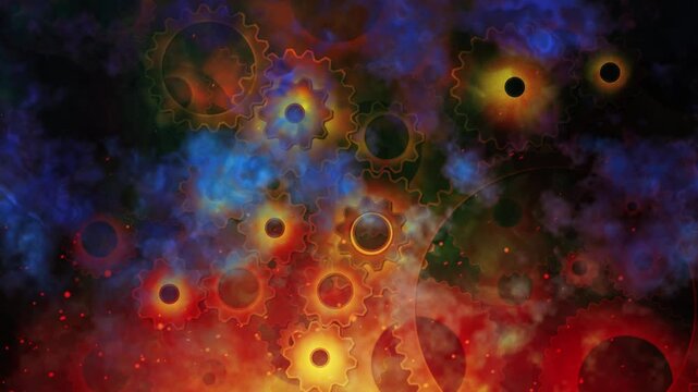 Loopable glowing fiery cogs and gears partially obscured by turbulent smoke and cosmic colors, vibrant colorful clockwork mechanism animation