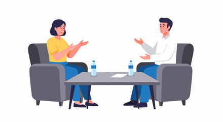 Obraz premium Illustration of a man and woman sitting in armchairs, engaged in a conversation or interview across a table.