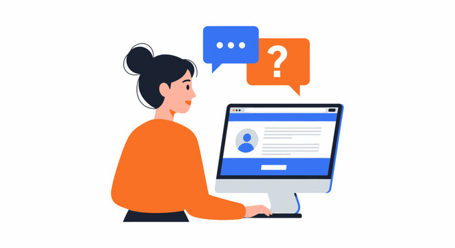 Woman at computer with question mark and speech bubble, seeking help online.