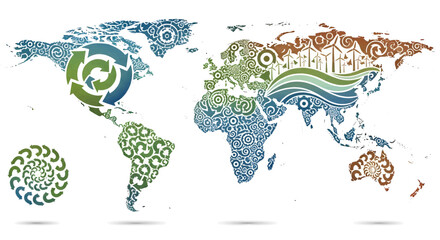 World map illustration with recycling symbols representing environmental protection and sustainability
