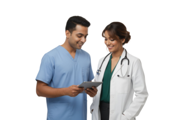 South Asian doctors using a tablet for medical collaboration, isolated on a transparent background