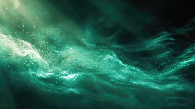 Glowing green nebula with gas and cosmic dust forming abstract ethereal waves