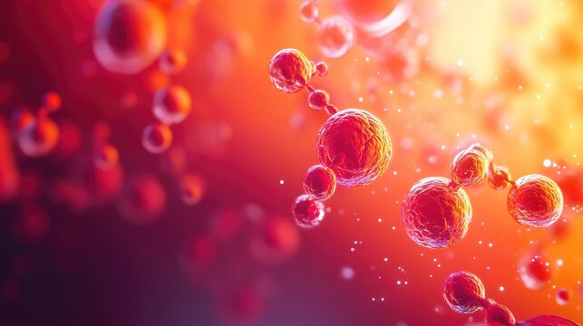 Microscopic cells in abstract red biology background