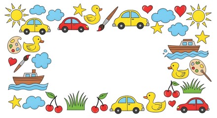 A playful and colorful hand-drawn border for children, featuring cute doodles of cars, ducks, boats, and sun, perfect for a kids' party invitation or school project background