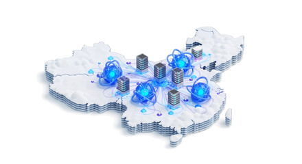 China's advanced digital network infrastructure, depicting interconnected data centers and high-tech communication hubs shaping a modern, globally connected future