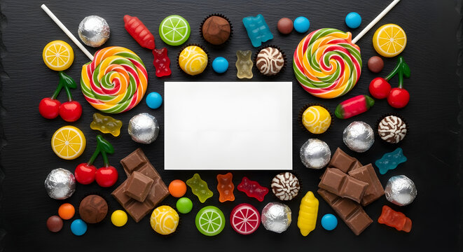 Vibrant Assortment of Candies, Chocolates, and Lollipops with Blank Card on Dark Background.