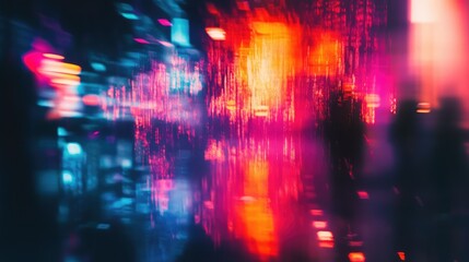 Vibrant neon cyberpunk city lights blur at night