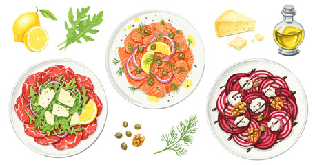 カルパッチョと前菜のセット（牛肉・サーモン・ビーツ）,イタリアン,洋食,前菜,サラダ,水彩,リアル