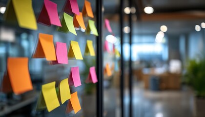 Sticky notes on glass wall with blurred office. High quality