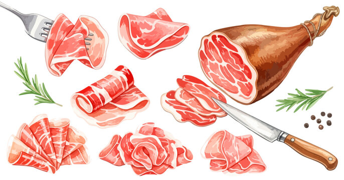 生ハム（プロシュート・ハモンセラーノ）と骨付き肉のセット,熟成肉,イタリアン,洋食,食材,水彩,リアル