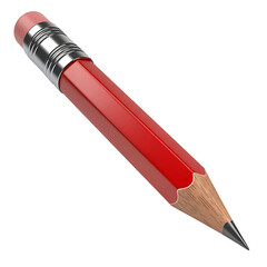 A short stubby red pencil with a metal ferrule and pink eraser isolated on transparent background