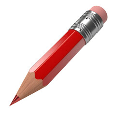 A vibrant red pencil with a sharpened graphite tip and a pink eraser isolated on transparent background