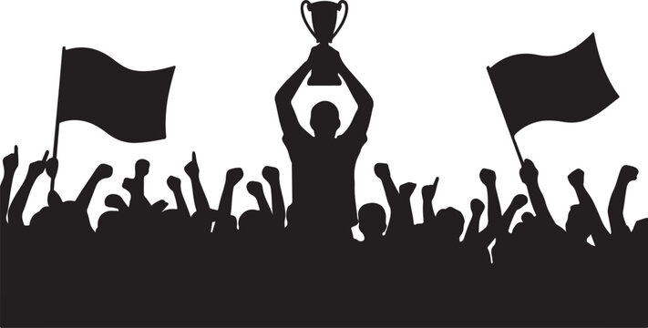 Silhouette of a person holding up trophy surrounded by fans waving flags in celebration