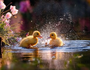 Two Ducklings Splashing in a Pond, Bathed in Warm Light and Reflected in the Water's Surface
